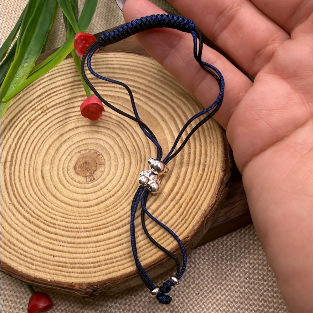 Navy Blue and black Adjustable Bracelet with Silver Beads 925